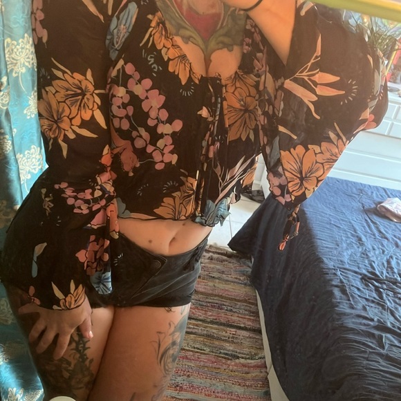 Free People Pink and Orange Crop Tie Front Blouse - Picture 2 of 3